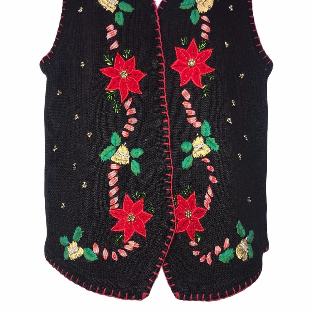 Vintage Ship N’ Shore Poinsettia Ugly Christmas Holiday Cardigan Sweater Vest L - Picture 4 of 9